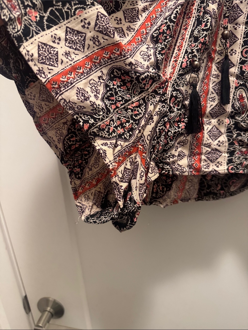 Angie Black Paisley Small V-Neck Romper with Cream & Red Trim and Cinched Waist - Picture 5 of 6